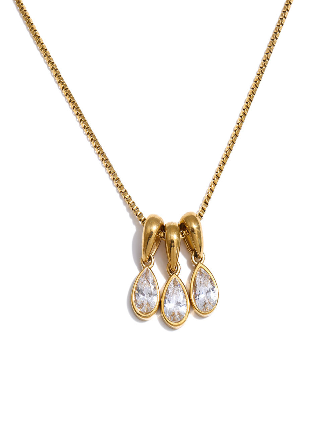 Gold Plated Stainless Steel Triple Pear Cut Cubic Zirconia Drop Pendant Necklace Jewelry