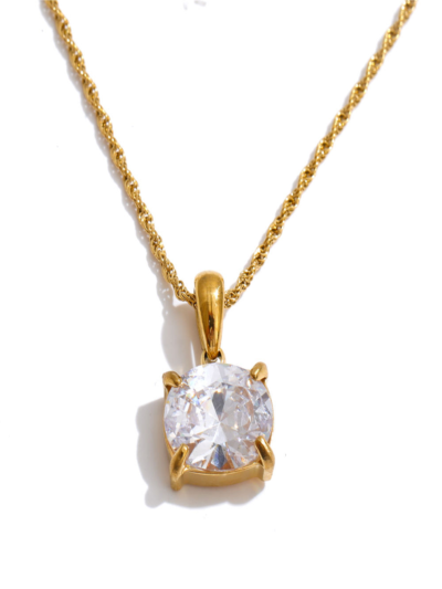 Waterproof Stainless Steel Necklace Round Clear Cubic Zirconia Charm Choker Necklace Daily Jewelry