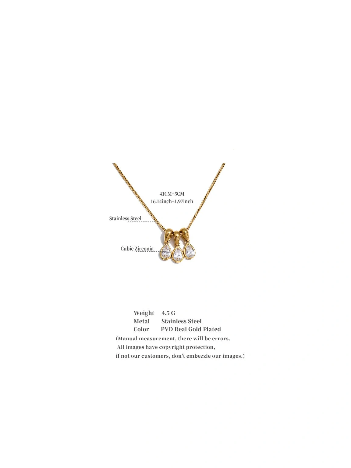 Gold Plated Stainless Steel Triple Pear Cut Cubic Zirconia Drop Pendant Necklace Jewelry - Image 2