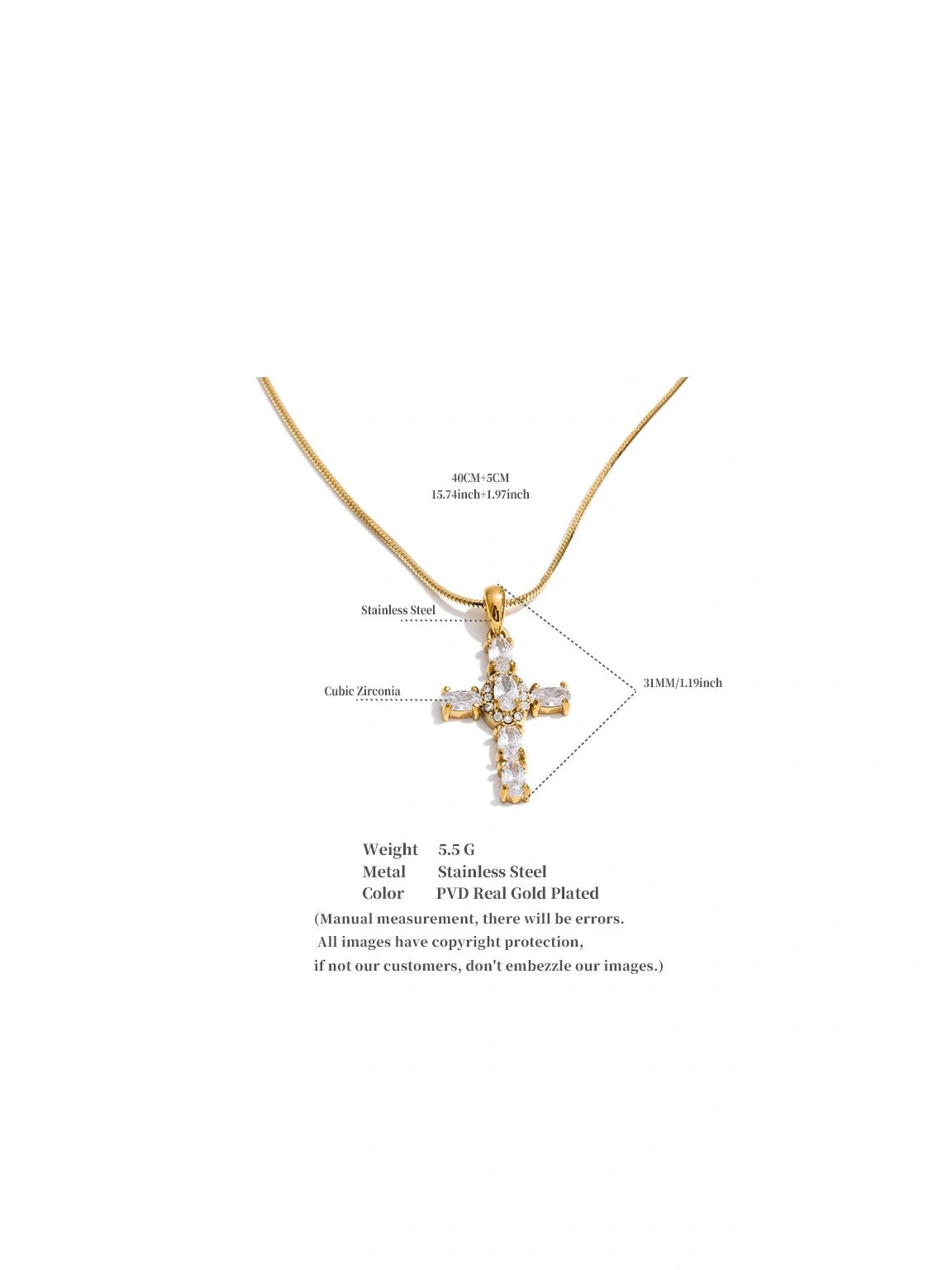 Stainless Steel Cubic Zirconia Cross Pendant Necklace Jewelry for Daily Wear - Image 2
